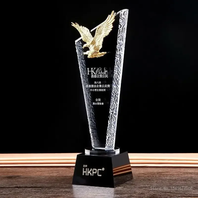 Personality Customized Metal Golden Eagle Shaped Crystal Trophy Sales Company Enterprise Competition Game Awards DIY Custom Text