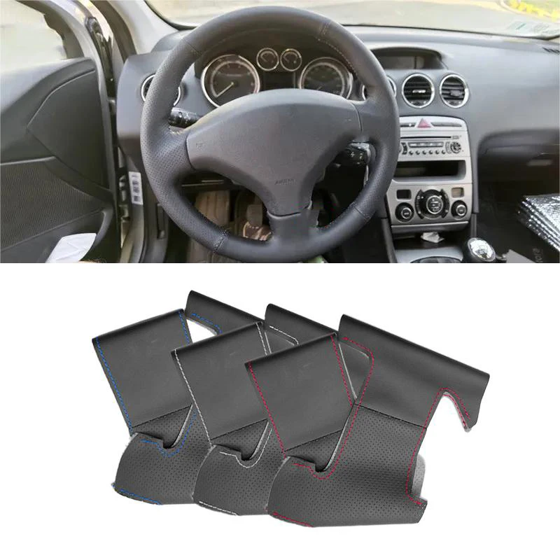 

For Peugeot 308 Old Peugeot 408 Perforated Microfiber Leather DIY Hand-stitched Steering Wheel Cover Protective Trim