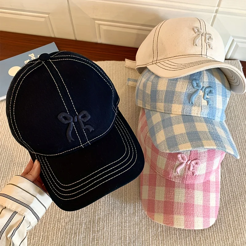 New Korean version of bow embroidery checkered duck cap children's spring and summer sweet all-matching face small shade basebal