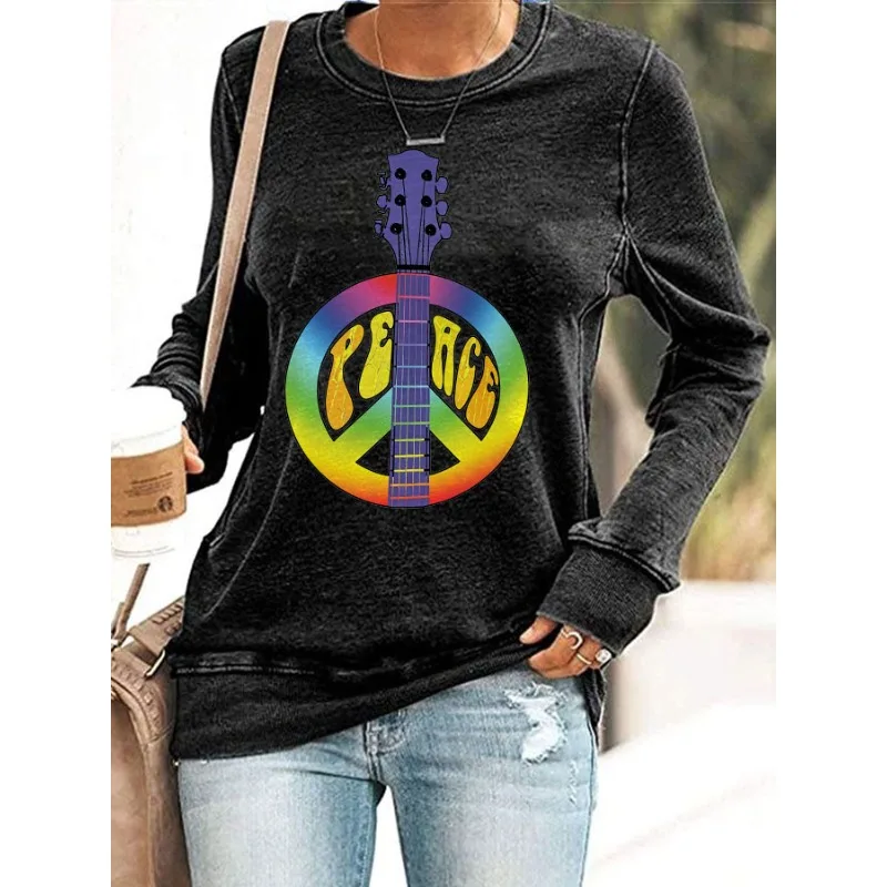 ilstile Sudaderas con estampado de música y motivos hippies para mujer, ideales para otoño e invierno, de manga larga, cuello redondo, corte holgado, para uso casual y actividades al aire libre. ¡NUEVO!