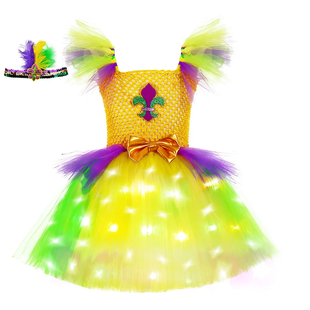 Girls Glowing Yellow LED Light Up Tutu Dress For Kids Masquerade Handmade Luminous Tulle Skirt Carnival Birthday Party Dresses