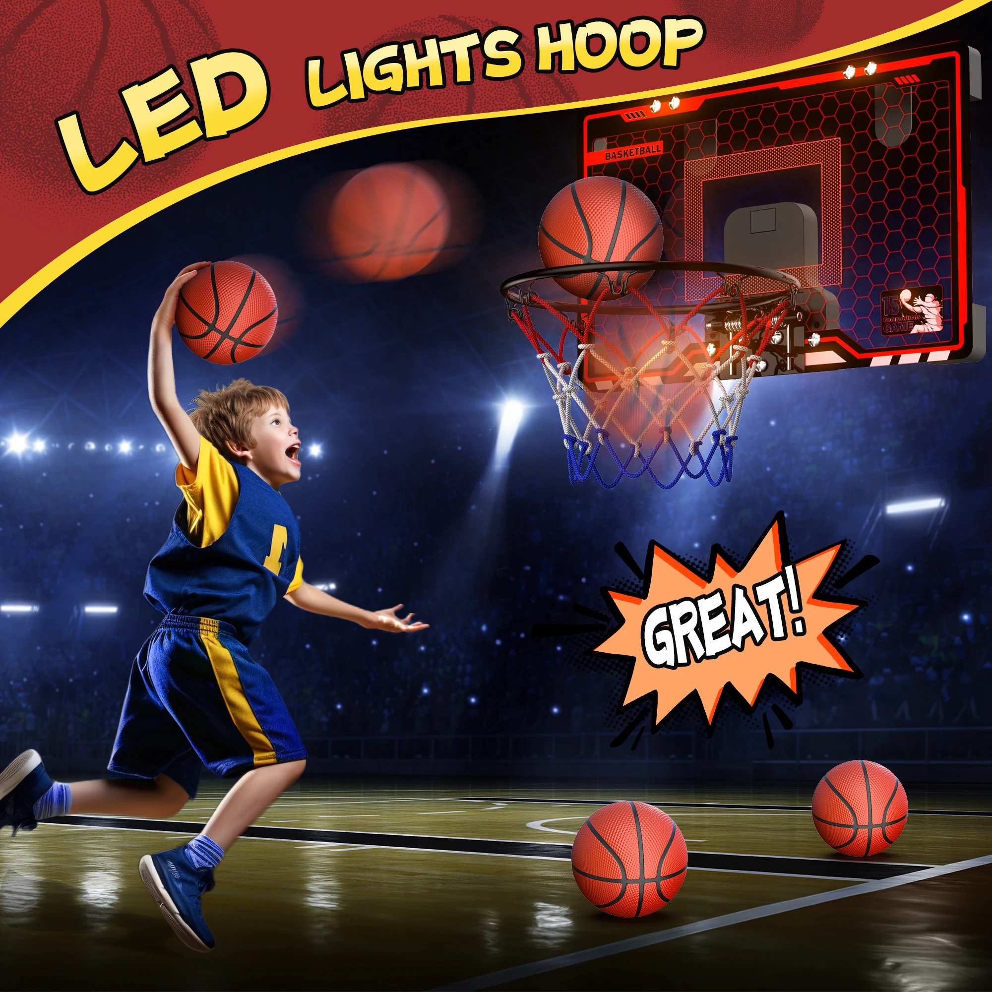 Mini basketbalring voor kinderen, basketbalring boven de deur met scorebord, sportspeelgoedcadeaus voor jongens van 4, 5, 6, 7, 8, 9, 10 jaar oud