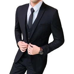 Mens Suits (Blazer+ Vest + Pants) Men's Fashion Business British Style Gentleman Interview Formal Dress Solid Color Casual Suit