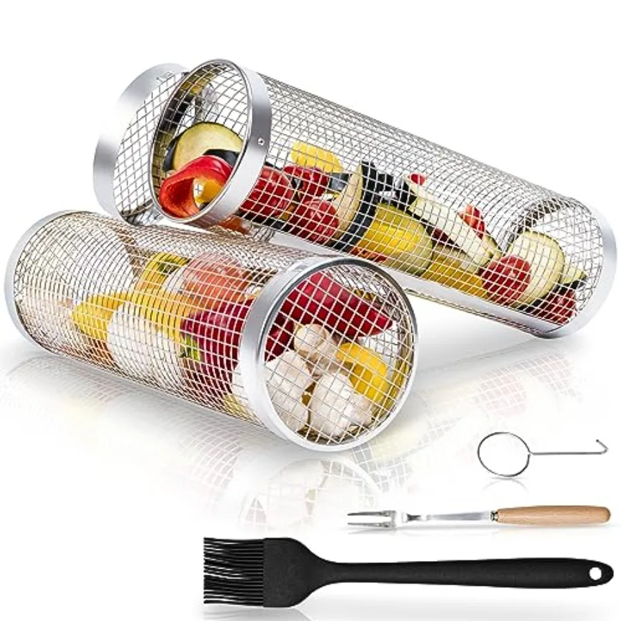 

2PCS Rolling Grill Baskets for Outdoor Grill, Big Green Egg Accories-Set Includes Fork, Hook, and Oil Brush-304g Stainl Steel-P