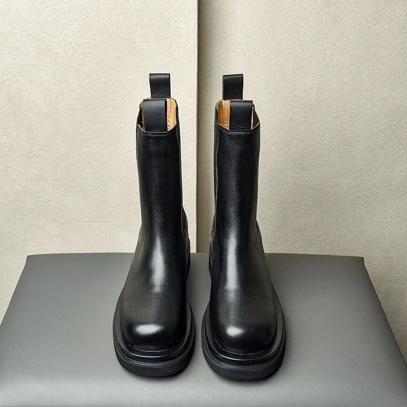 Black Genuine Leather Platform Chelsea Boots Elastic Side Panels Slip-On Chunky Lug Sole Mid-Calf Men Fashion Ankle Boots
