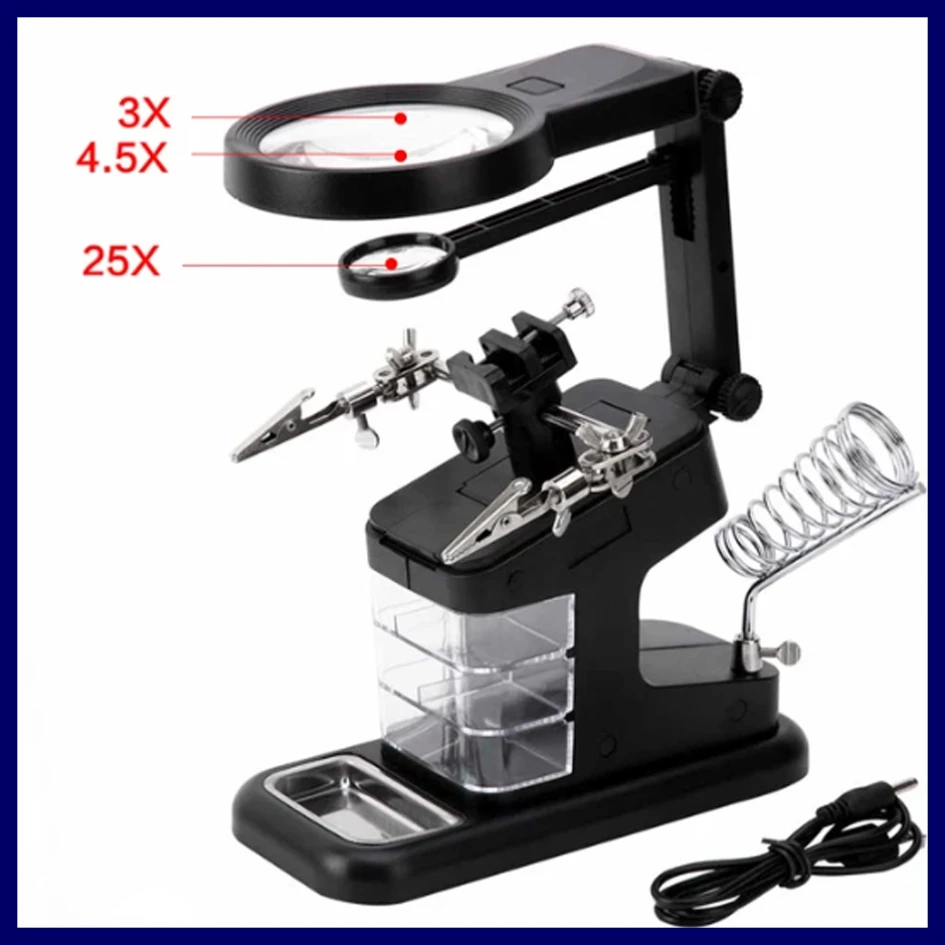 

3 Hand Soldering Iron Stand Welding Tool With Magnifying Glass Illuminated LED Alligator Clip Holder Clamp Helping Repair NTY