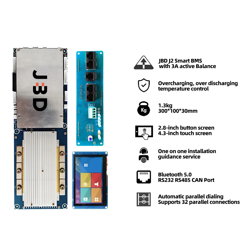 JBD Smart BMS with 3A Active Balance 24V 7S 8S 15S 50A 100A 150A 300A Battery System PCB 16S 48V 200A CAN inverter BMS Lifepo4