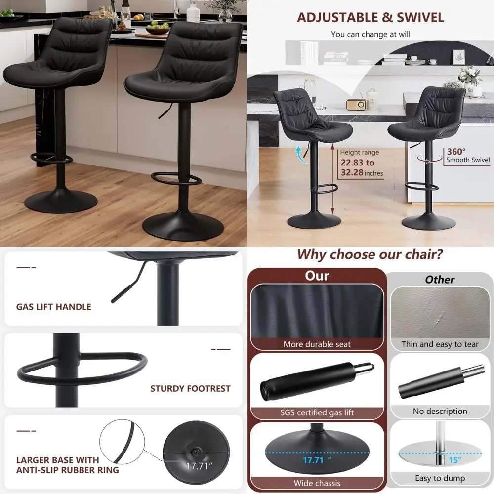 مجموعة مقاعد بار دوارة سوداء حديثة قابلة للتعديل مكونة من قطعتين مع تنجيد من جلد البولي يوريثان ودعم خلفي لارتفاع العداد #1