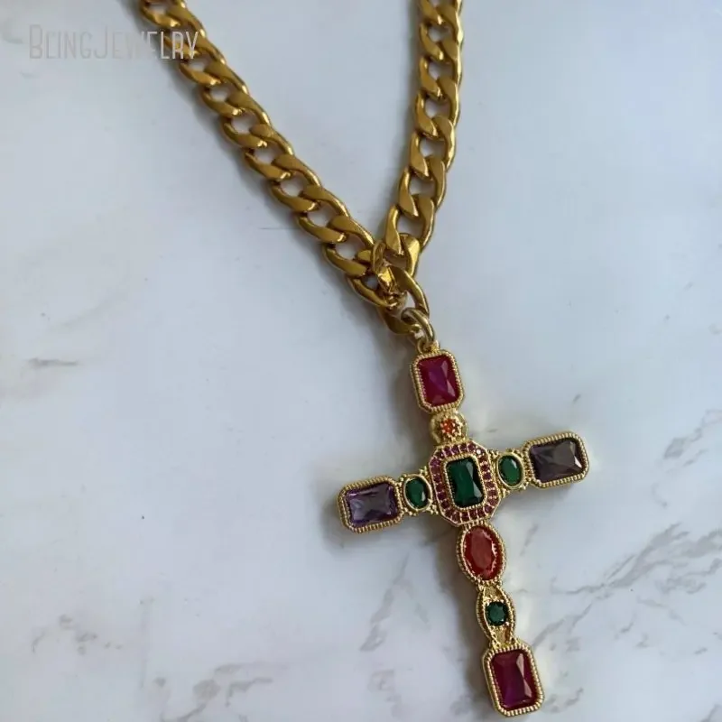 10pcs Gold Color Zircon Cross Choker Catholic Religious Necklace Stainless Steel Chain Christian Gift Women Statement Jewelry