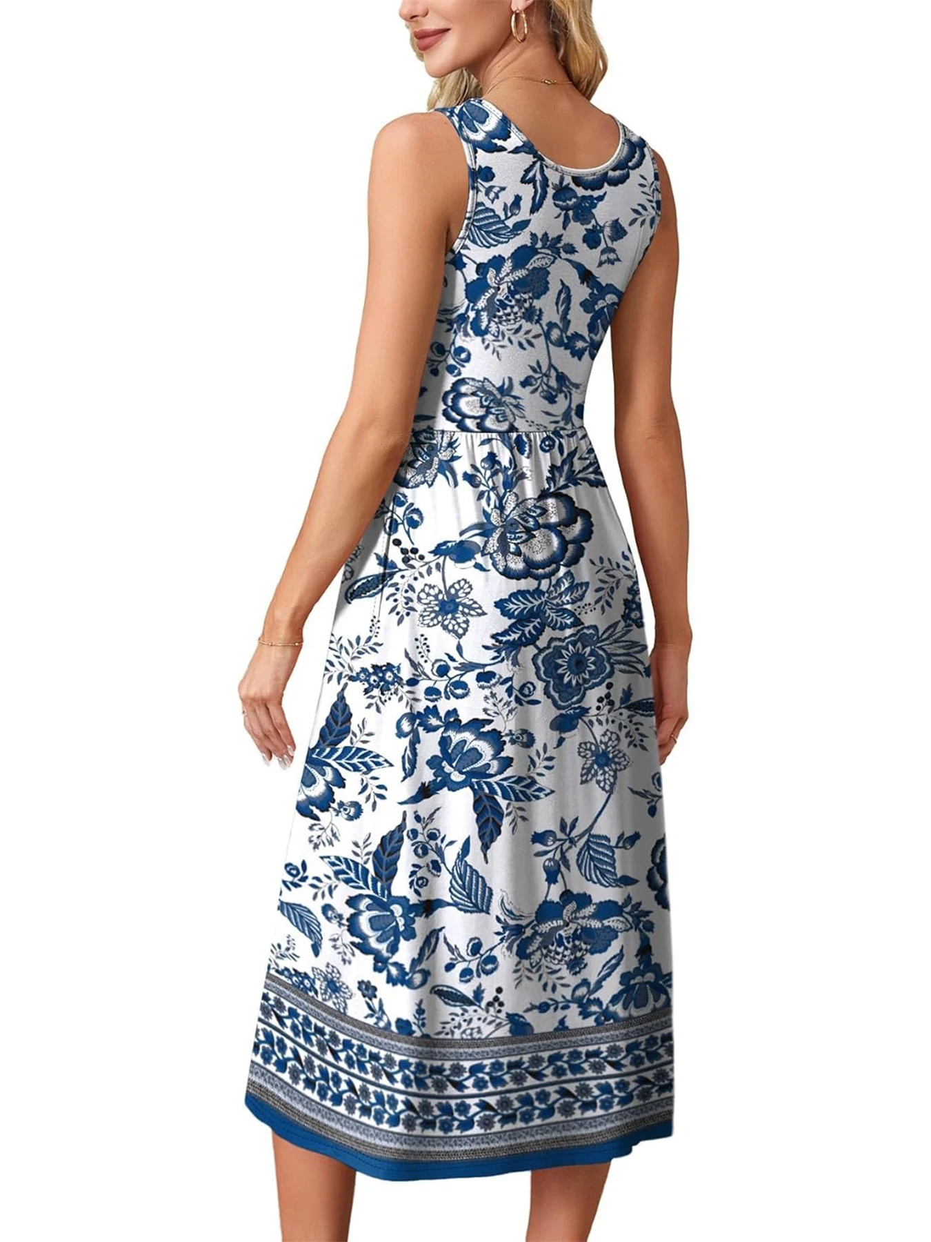 2026 Sommer Neue Kleider für Damen Bedrucktes Lässiges Midikleid Modisches Ärmelloses Rundhals-Strandkleid mit Taschen – Detail 23