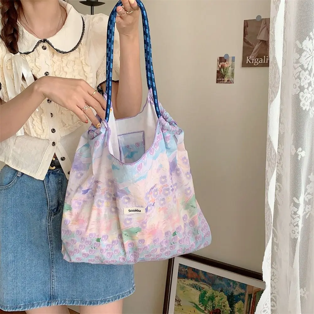 Floral Printed Canvas Shoulder Bag Portable Reusable Large Capacity Drawstring Shopping Bag Handheld Cotton Travel Tote Bag