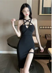 2023 Summer Women's New Sexy Spice Girl Fashion Pentagram backless temperament Wrap buttocks Slim Solid color sling Dress HNB6