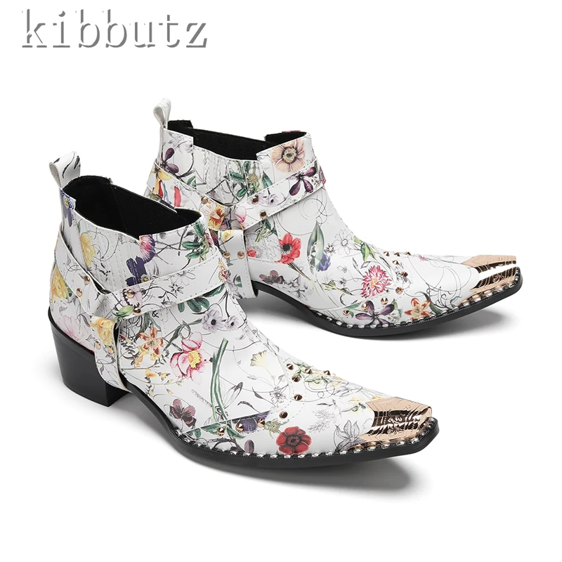 تصميم جديد معدن تو الرجال تشيلسي الأحذية جلد طبيعي يطبع الكعب الأوسط حذاء من الجلد الذكور موضة فستان الحفلات الأحذية