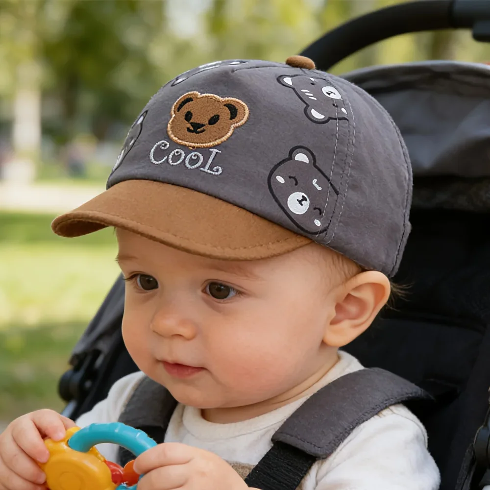1 Baby-Sonnenhut, bezaubernde, leichte Baseballkappe mit weichem Rand für Säuglinge und Kleinkinder, niedliches Cartoon-Bären-Design – Detail 8