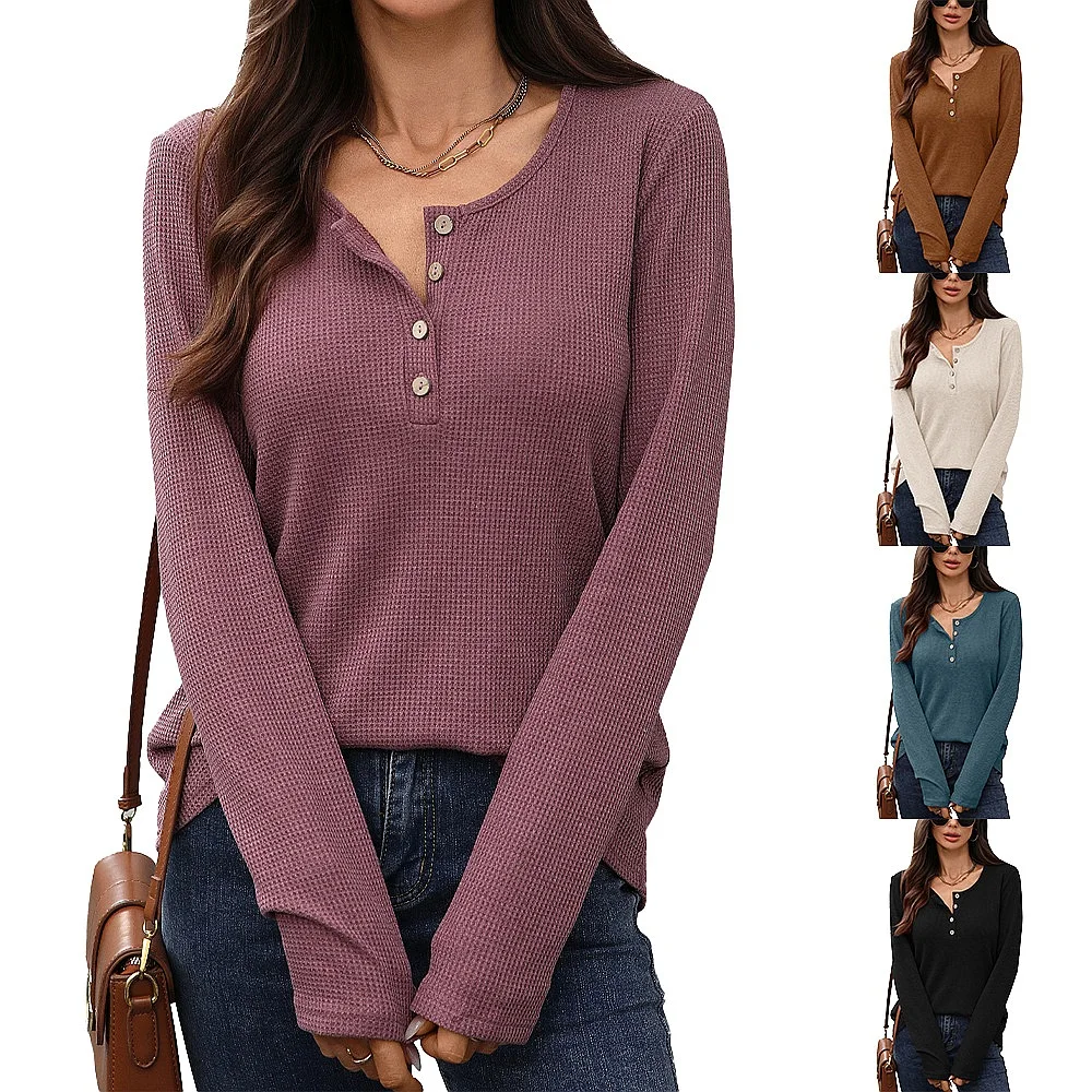 Solid Color Round Neck Button Tee Tops Blouse Shirts For Women Loose Fit T Shirts