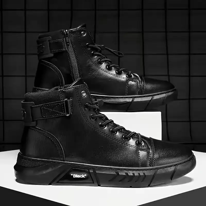 1 Pair Men's High-Top Motorcycle Boots, Band, Black Solid Color for All Seasons Outdoor Sports Casual Wear - Large Size Ver