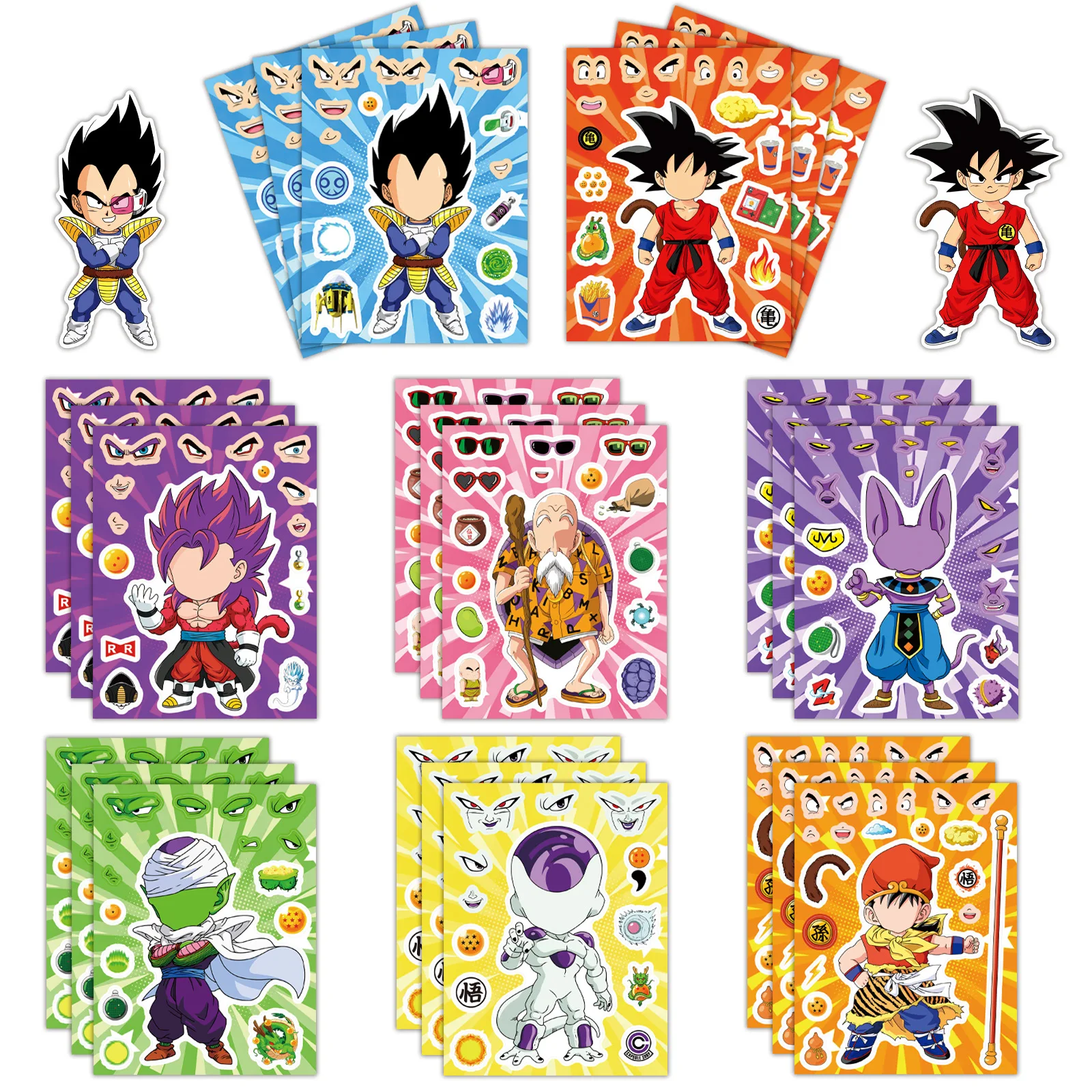 

8/16/24Sheets Anime Dragon Ball Stickers Cartoon Puzzle Make-a-Face Graffiti Decals DIY Skateboard Laptop Motorcycle Toy Sticker