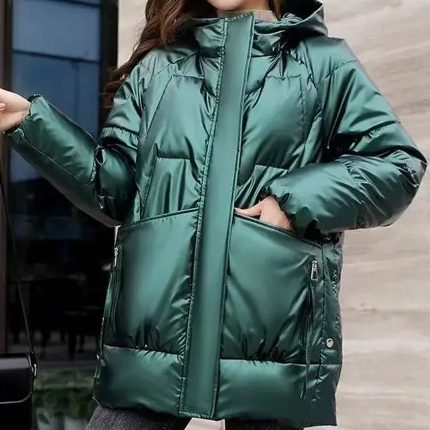 

2024 New Winter Jacket Women Parkas Glossy Down Cotton Padded Parka Female Jacket Solid ColorThick Outwear Hooded Warm Outcoat