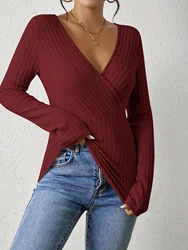 Autumn and winter sexy V-neck textured pit strip slim fit knitted long-sleeved women's T-shirt