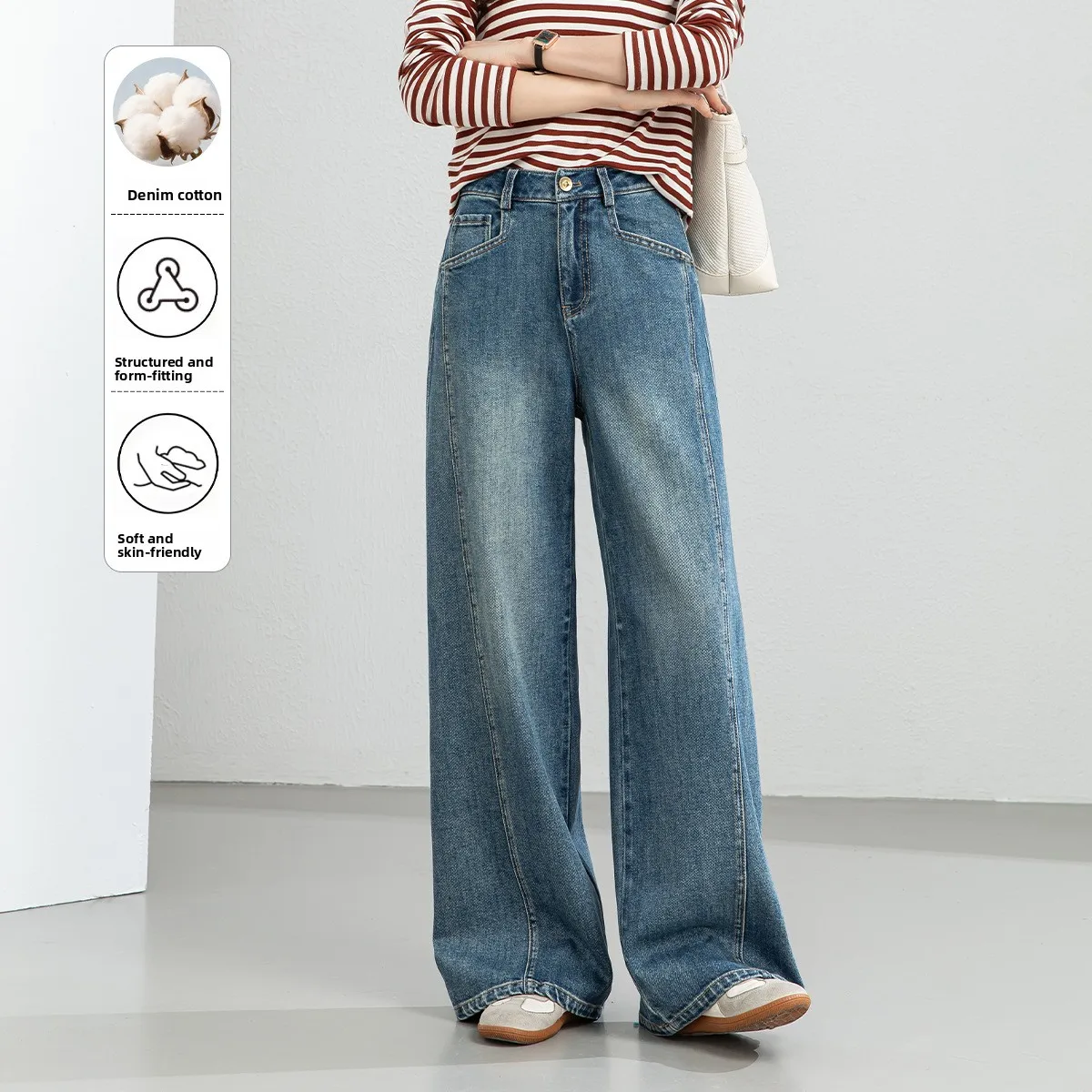 

High Waist Wide Leg Jeans Women's Straight Cut Slimming Hip Covering Casual Vintage Drapey Denim Trousers Loose Fit Cotton St...