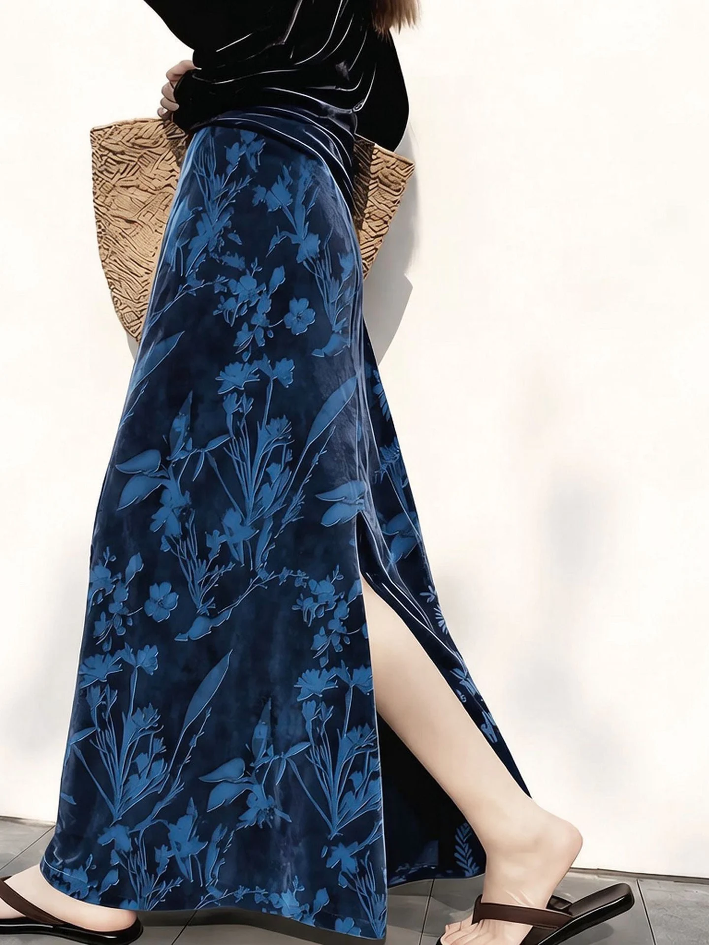 Slimming Blue Velvet Asymmetrical Hemline High Waist A-Line Skirt Casual Versatile Women's Fashion Spring Autumn Long Skirt