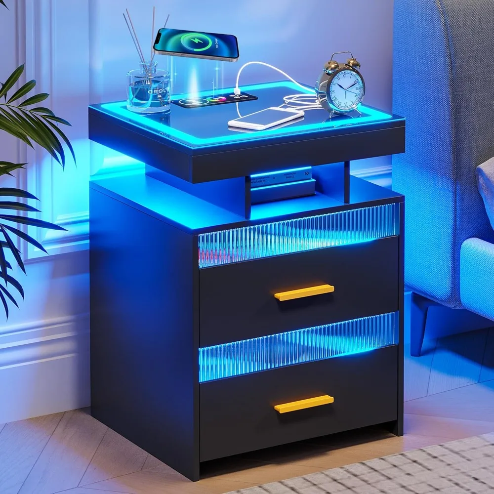 RGB LED Night Stand with Wireless Charging Station, Modern Bedside Table with Human Body Sensor Light, Smart Nightstand with Gl