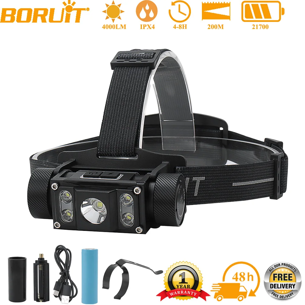 BORUiT B50 LED Headlamp Max.4000LM Headlight 21700/18650 TYPE-C Rechargeable Head Torch Camping Hunting Fishing Flashlight