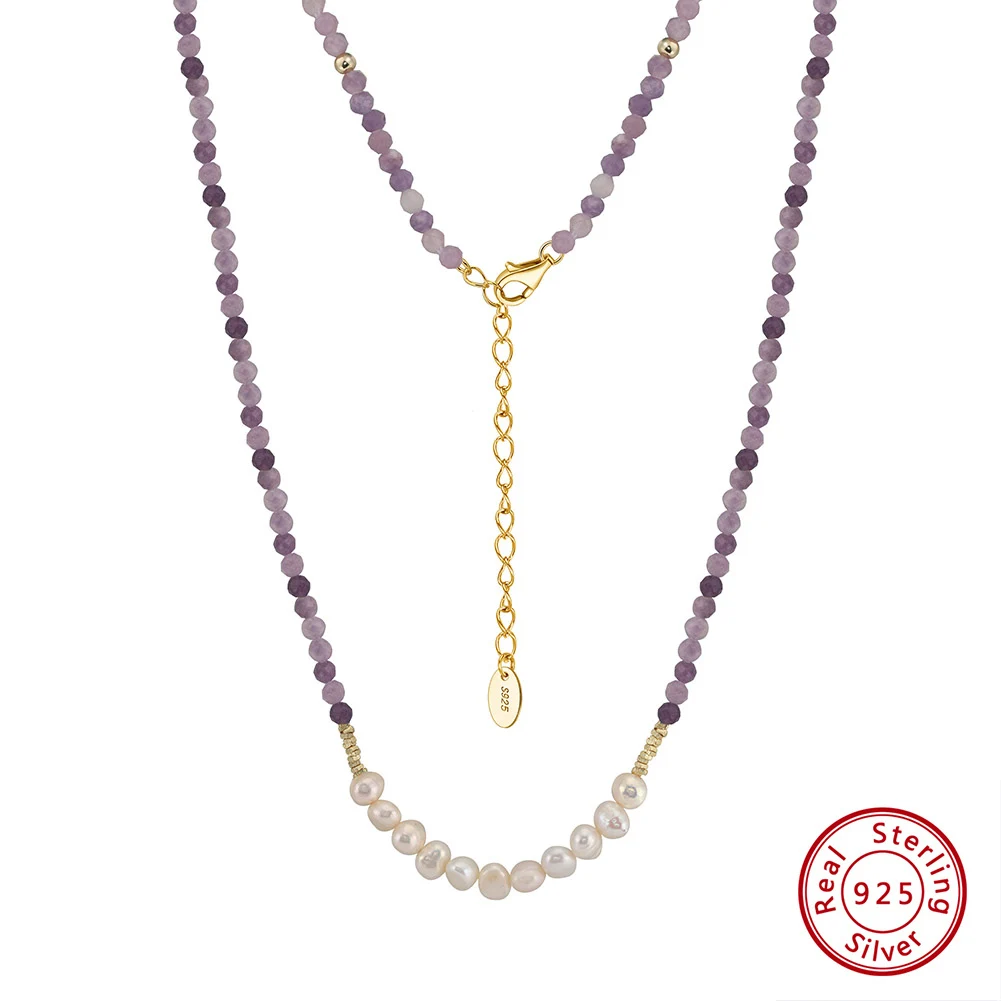 

KISS MANDY 925 Sterling Silver Women Jewelry Pearl Bead Necklace Long Sweater Chain Choker Purple Mica Collar Accessories MPN04