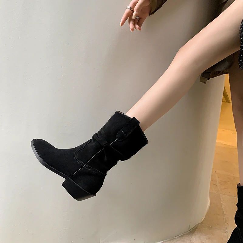 Women Western Boots Retro Slip-on Ladies Short Boots Pleated Cow Suede Leather Chucky Heels Shoes Cowboy Boots Autmn Winter New