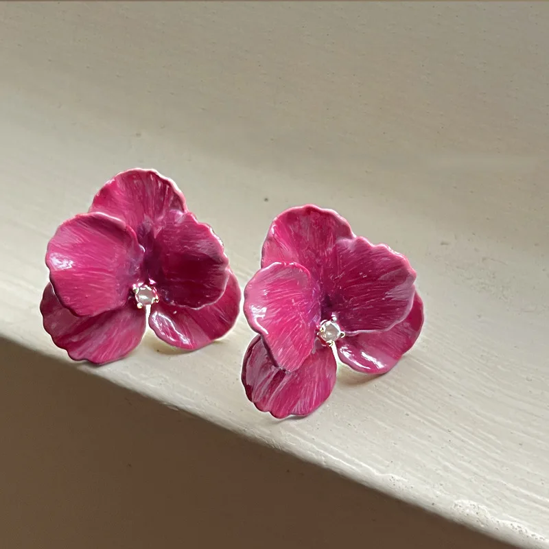 Pink Flowers Drops Glaze Earrings Japanese And South Korean Style Elegant Fashion Stud Earrings Ms Travel Wedding Accessories