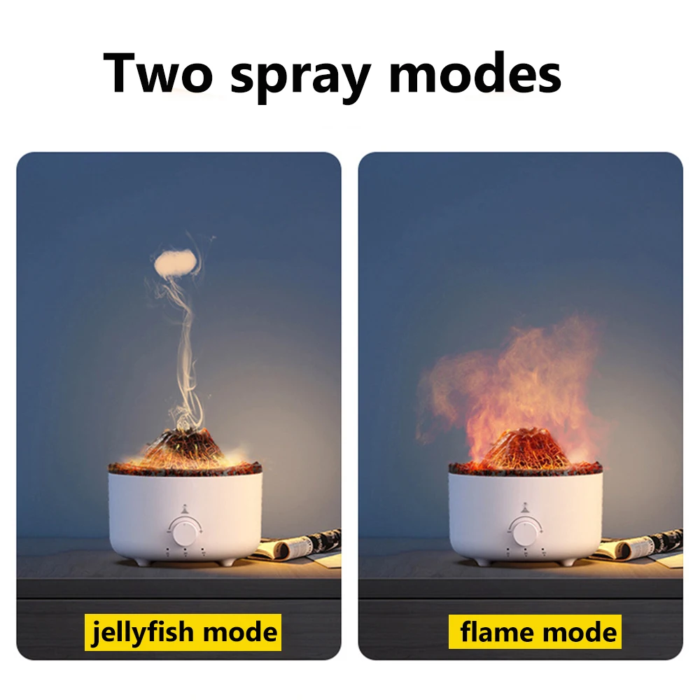 WHDPETS Volcanic Jellyfish Flame Humidifier Plug Type 560ML Aroma Diffuser Silver Ion Antibacterial With Remote Smoke Ring light