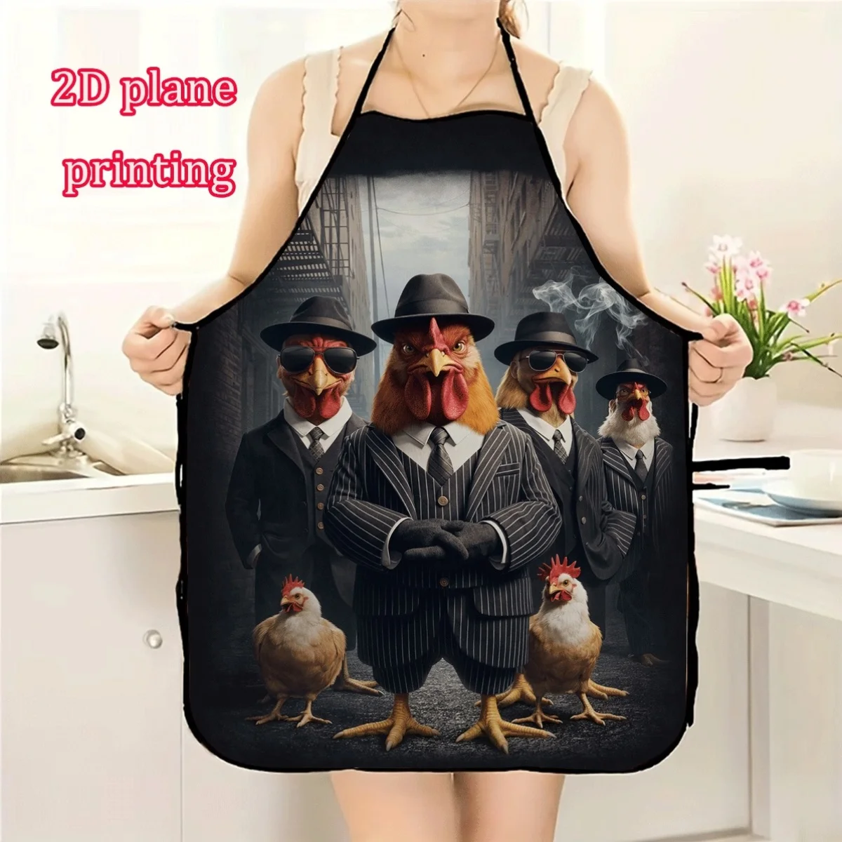 Funny Cartoon Roosters Group Print Apron for Kitchen Cooking BBQ Novelty Gift Apron