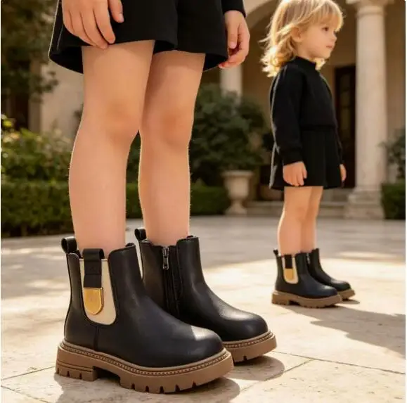 Girls Fashion Boots Autumn Winter Warm Fur Children's Rubber Boots Anti-skid Medium Big Kids Boots Classic Chelsea Boots Zipper
