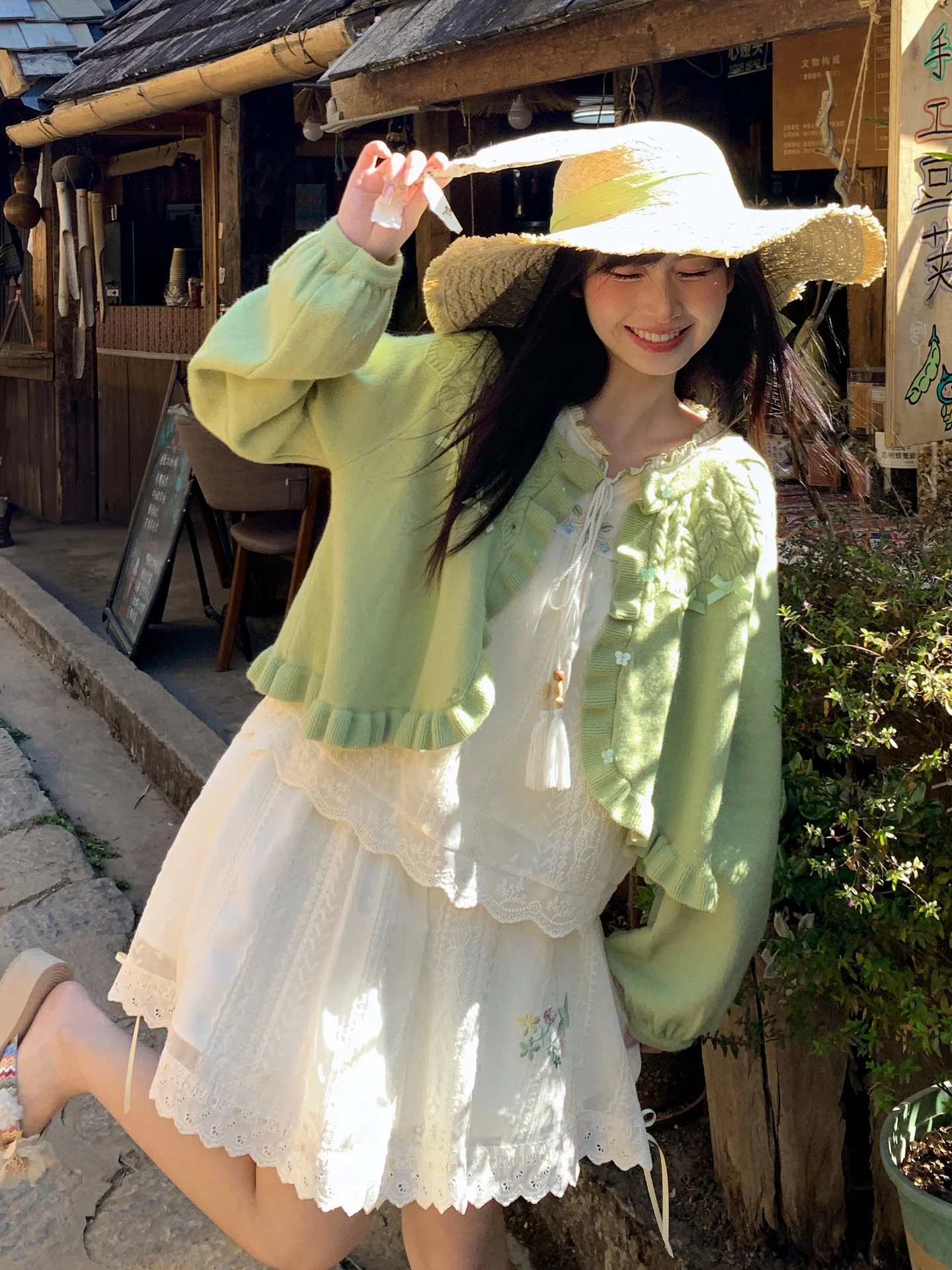 

Loose Women's Knitted Cardigan ort Sle Spring Faion Design Sensation Soft Girl Forest System Long Sve round Ne