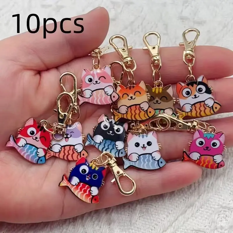 Llavero con diseño de gato impreso en aleación, 10 unidades, adecuado para bolsos, accesorios para colgar en carteras, la mejor opción para regalos