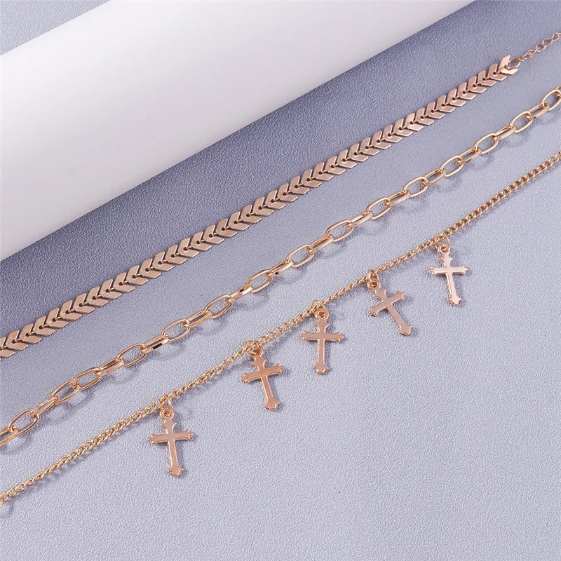 Aihua Boho Goldfarben Metallketten-Kreuz-Fußkettchen-Set für Frauen Kreuzanhänger Fußkettchen Kette am Bein Boho Schmuck Geschenke – Detail 5