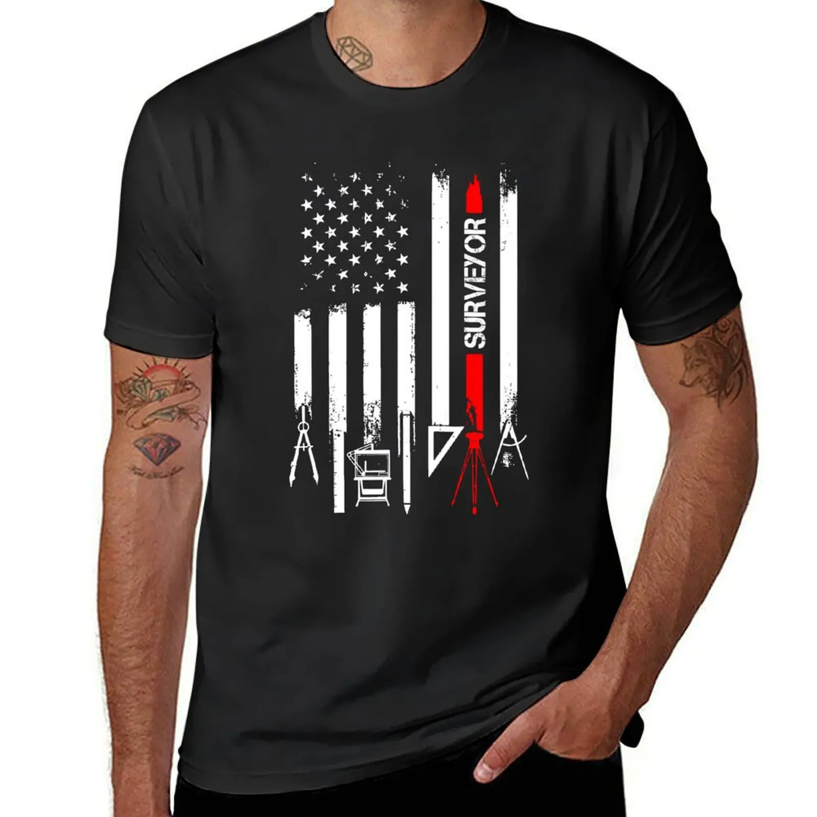 American Flag with Surveyor T-Shirt oversizeds oversized Aesthetic clothing for a boy t shirts for men cotton