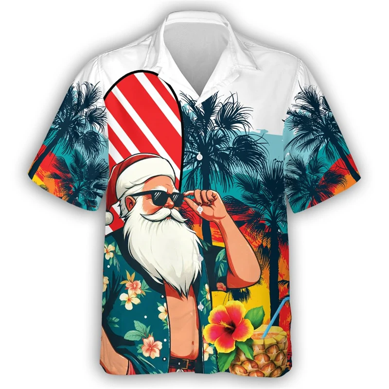 fashion Funny Santa Claus 3D Printed Short Sleeve Shirts For Men Clothes Christmas Man Beach Shirt Hawaii Xmas Gifts Button Top