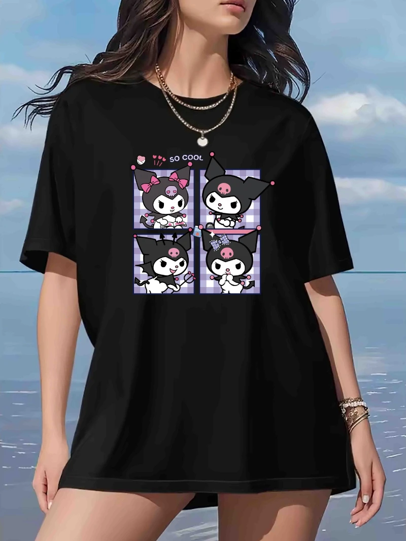 Sanrio Kuromi Pattern Printed Round Neck Shoulder Down T-shirt for Women Summer and Autumn Pure Cotton Comfortable Top