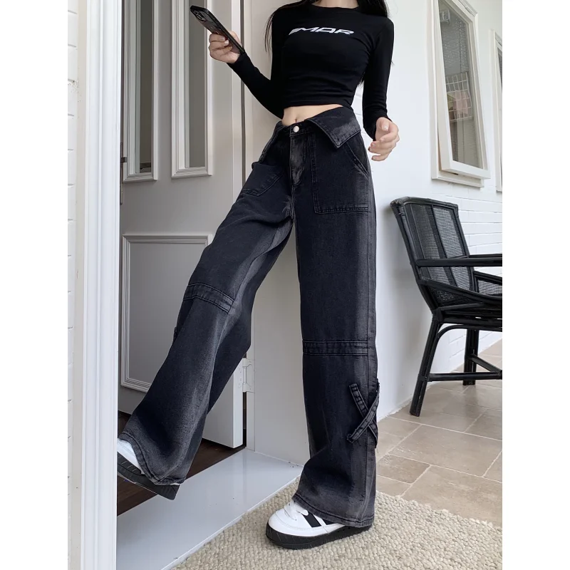 

Black Women Jeans American High Waist Fashion Hip Hop Vintage Streetwear Y2K Chic Wide Leg Jean Female Trouser Baggy Denim Pants