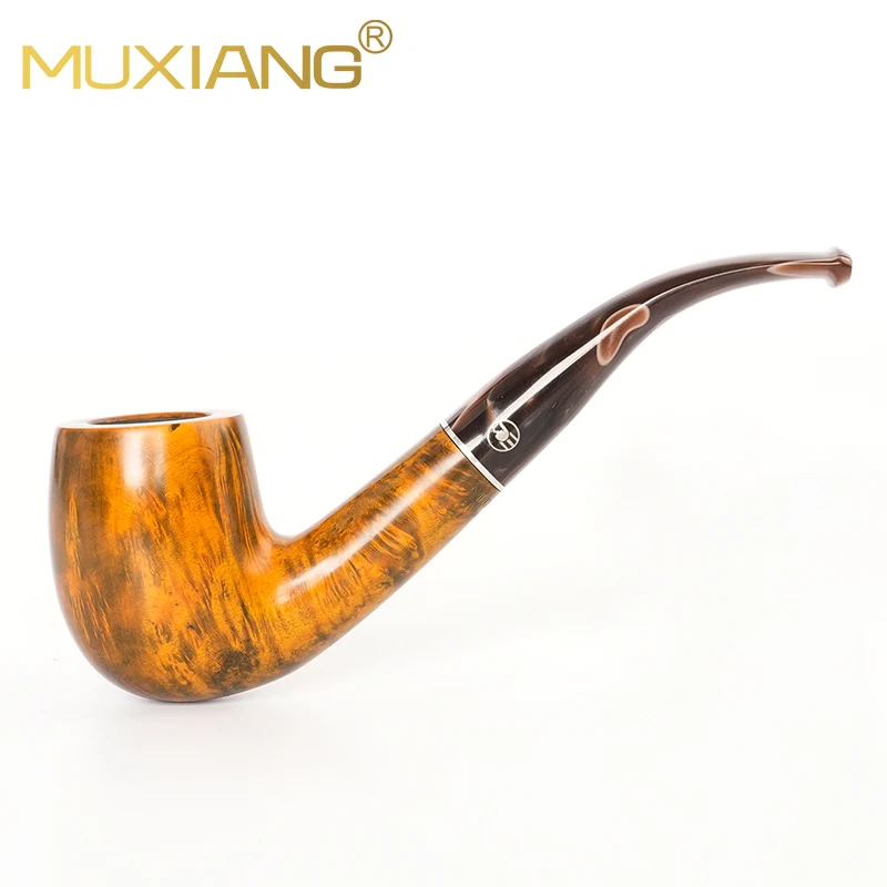 MUXIANG Briar Bent Billiard Tobacco Pipe Silver Ferrule Colored Acrylic Mouthpiece 9mm Filter Handmade For Men