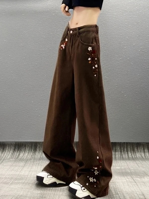 

Ele Embroidered Flower Loose Straight Leg Jeans Women's Premium Spring Faion High Waist Wide Leg Pants Casual Sle