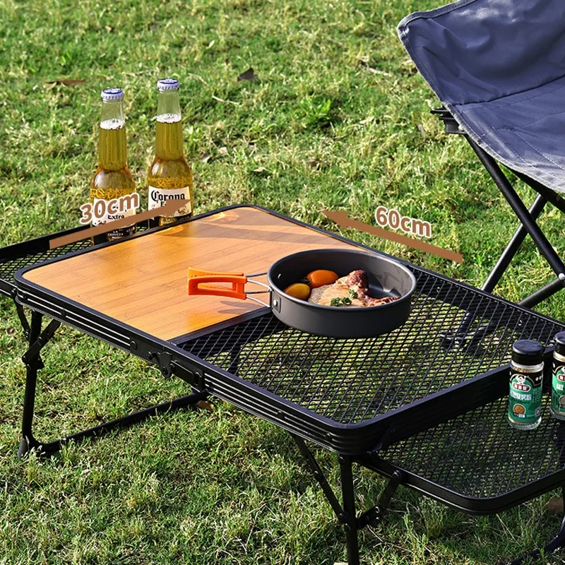 Outdoor folding grid table Multifunctional half-sided wood grain iron mesh table