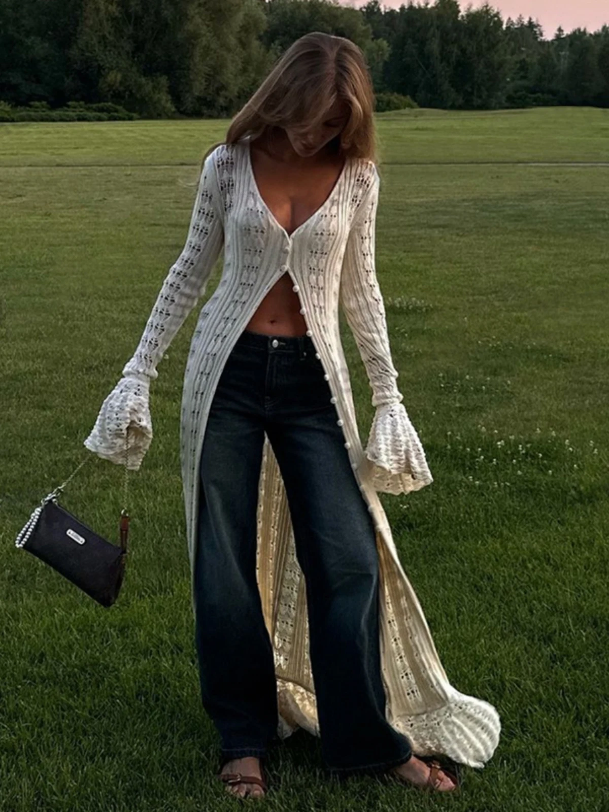 Flare Long Sleeve Cardigan Maxi Dresses Women Robe Vintage Slim Fit V Neck Knitted Hollow Out Dress Summer Boho Beach Vestidos