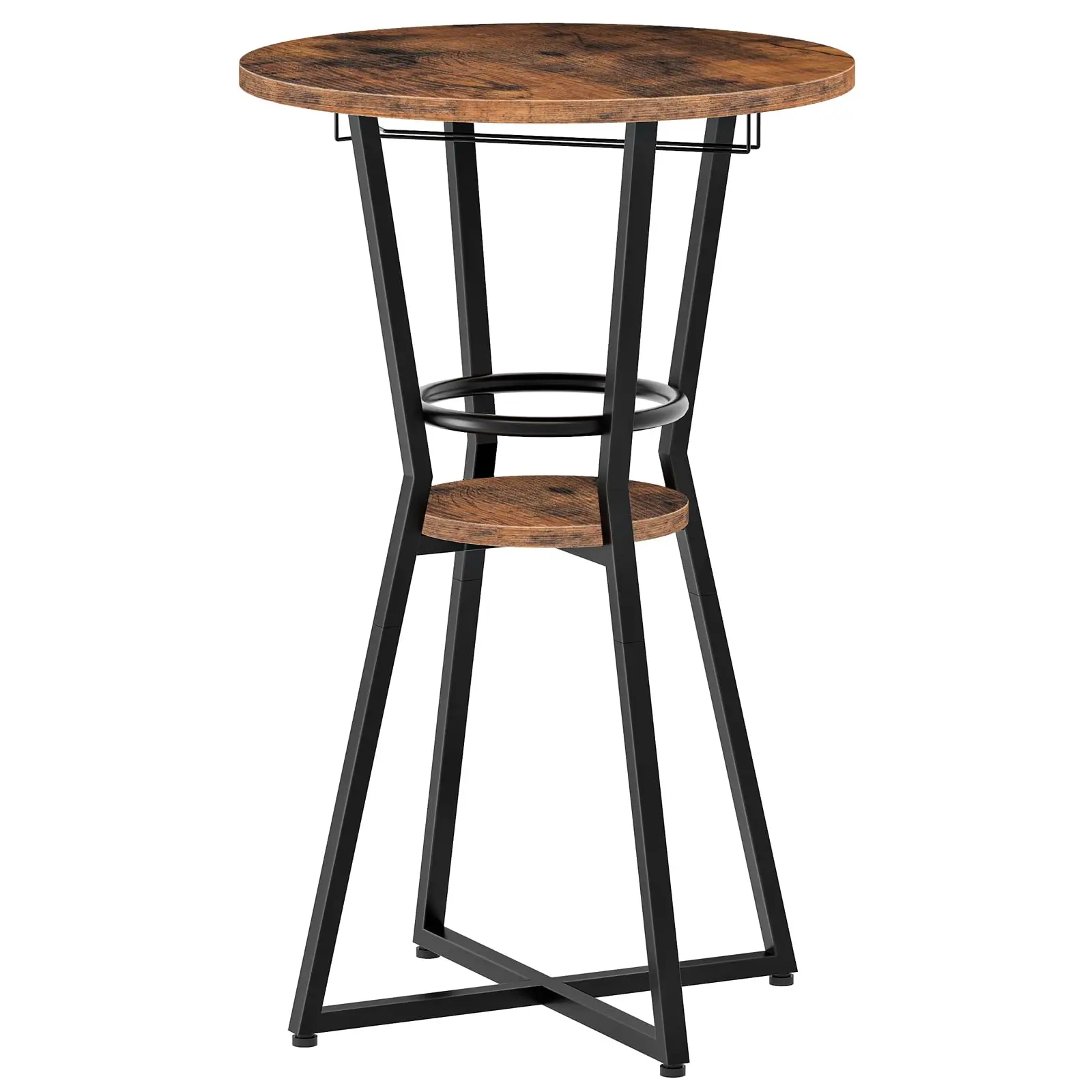 

Round 2-Tier Bar Table With Wine Glass Holder Industrial Cocktail Table Rustic Brown Black