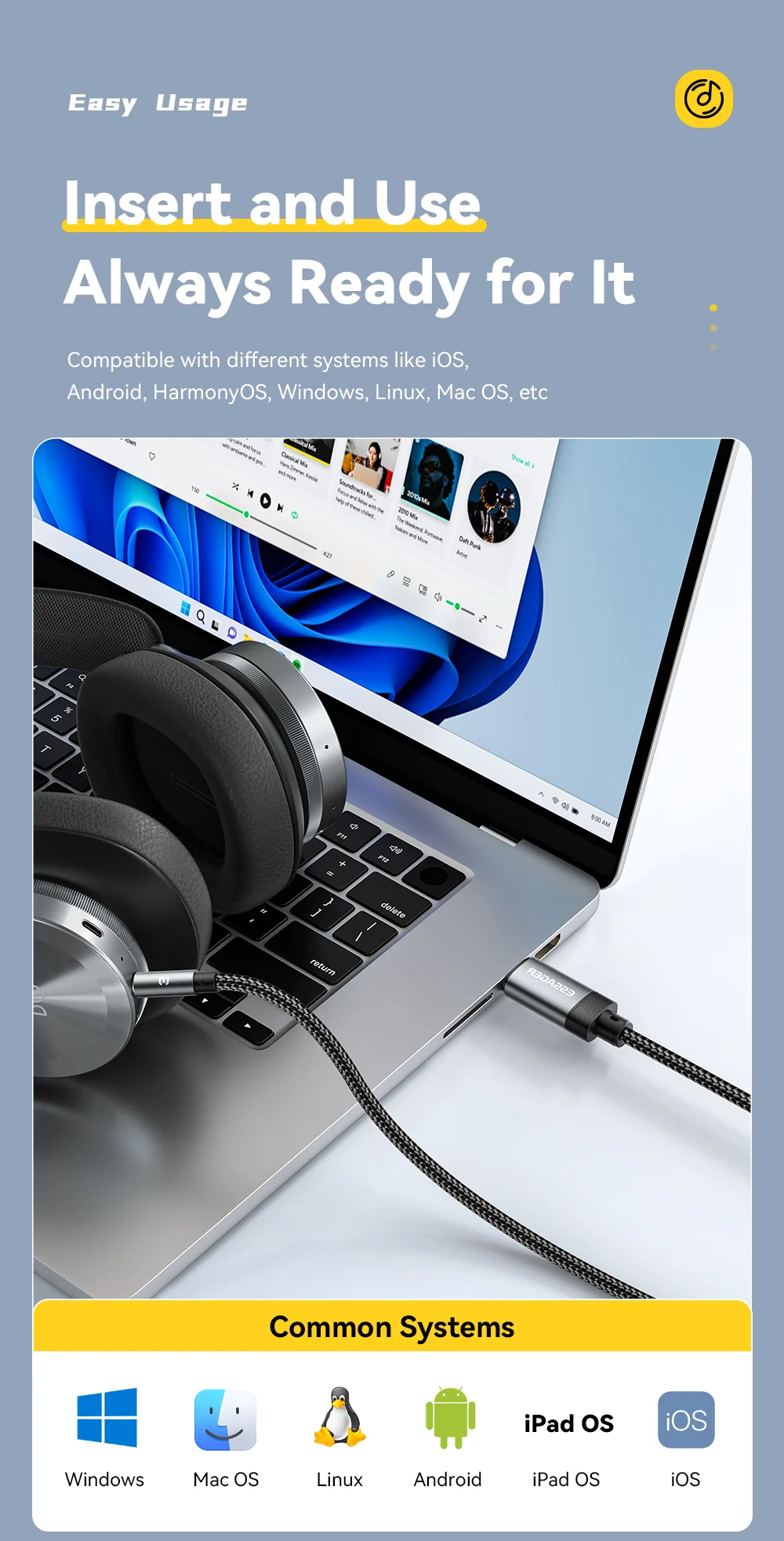 Essager Type C/USB-A/Lightning To 3.5mm Jack AUX Cable Audio Adapter for Phone Headphones Car HIFI Stereo Sound Audio Connector