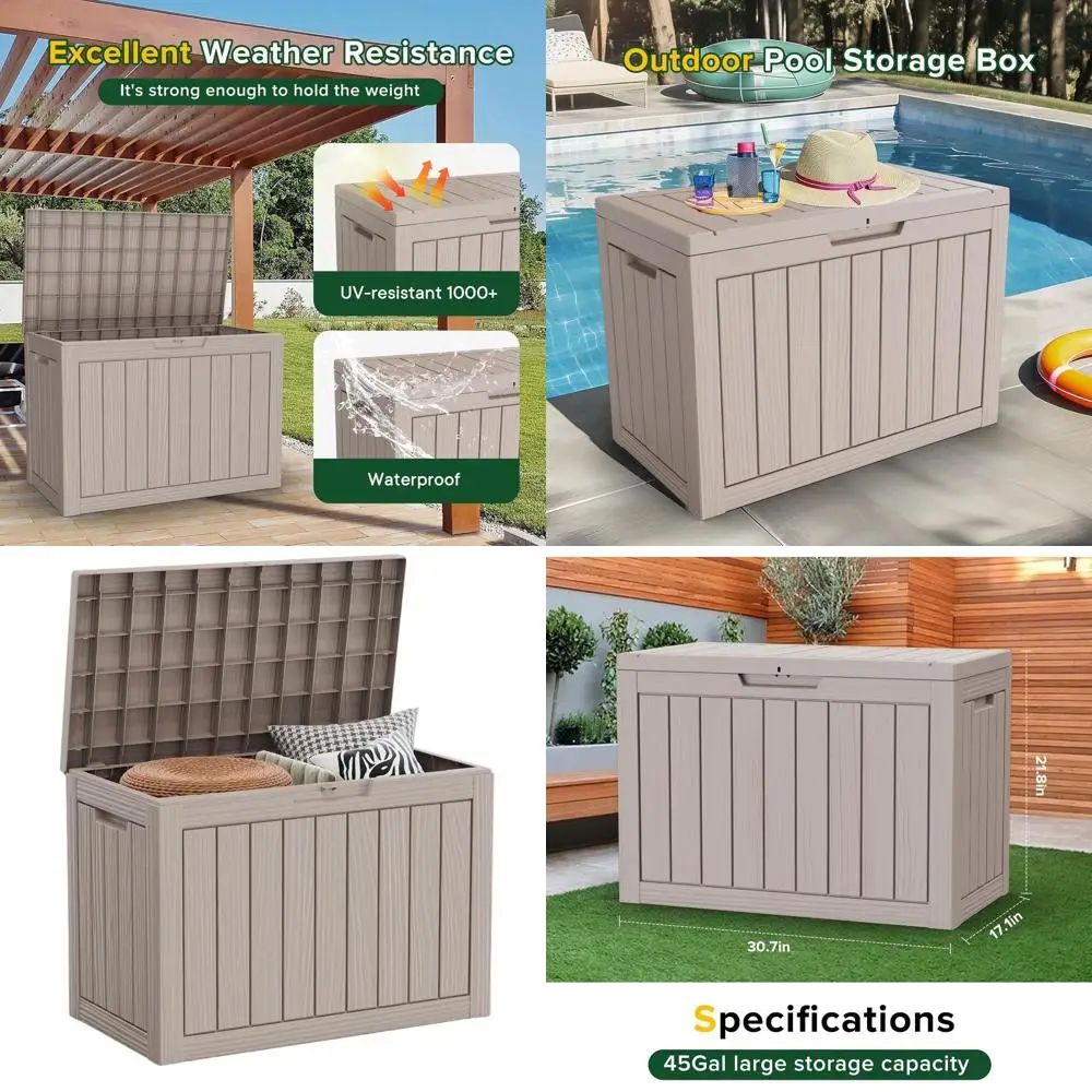 

Ящик для хранения из полимерной смолы на 45 галлонов с замком, идеально подходит для уличной мебели, аксессуаров для бассейна и садового инвентаря