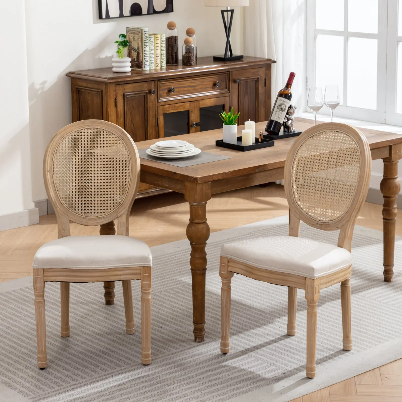 Chaise de salle à manger avec cadre en bois massif de Style français, peinture Antique, tissu en lin, dossier en rotin, ensemble de 2, crème, Beige