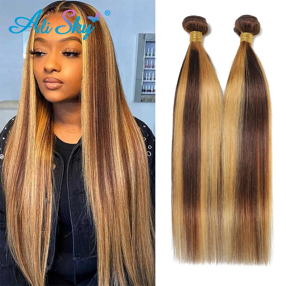 Mèches brésiliennes naturelles lisses à reflets, blond miel P4/27, Extensions de cheveux, lot de 1/3/4, en promo, nouveau