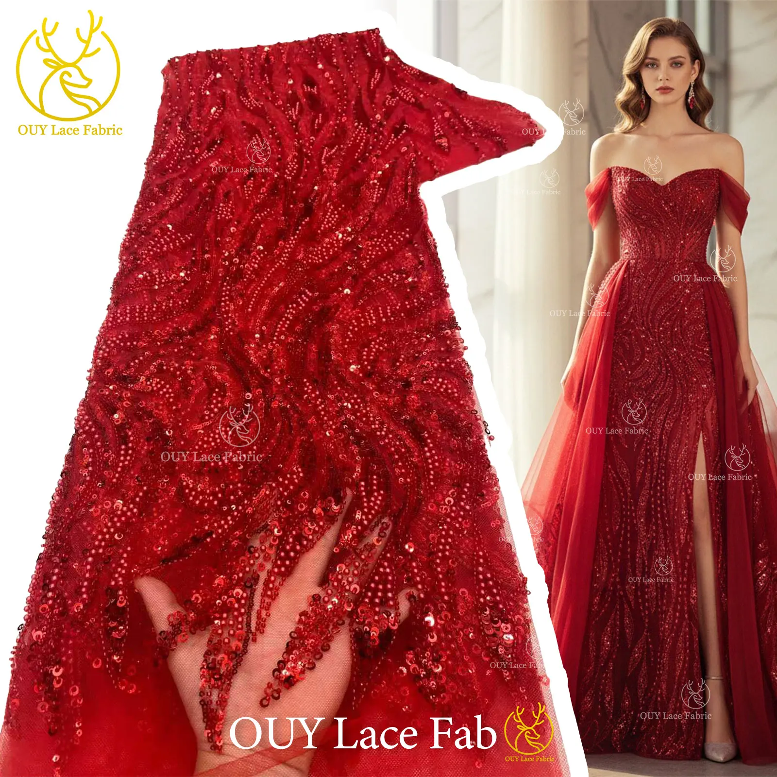 

Red African Beaded Sequins Lace Fabric Fashion French Groom Embroidery Mesh For Nigerian Women Party Wedding Dress Sewing
